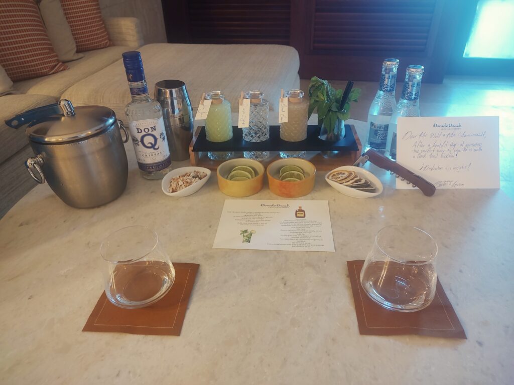 Mojito bar arranged as a surprise in our room by our Embajadors at Dorado Beach, a Ritz-Carlton Reserve in Puerto Rico, with rum, mixers, mint, citrus garnishes, glassware, recipe card and a handwritten note.