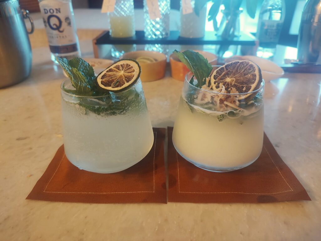 Traditional mojito and coconut milk mojito made from the surprise mojito bar at Dorado Beach, served over ice and garnished with mint and dried citrus.